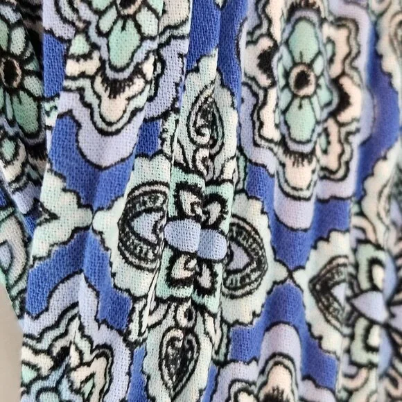 J. Jill Tunic Top XL Blue & Green Floral Paisley Crinkle Flounce Sleeve - Picture 3 of 11